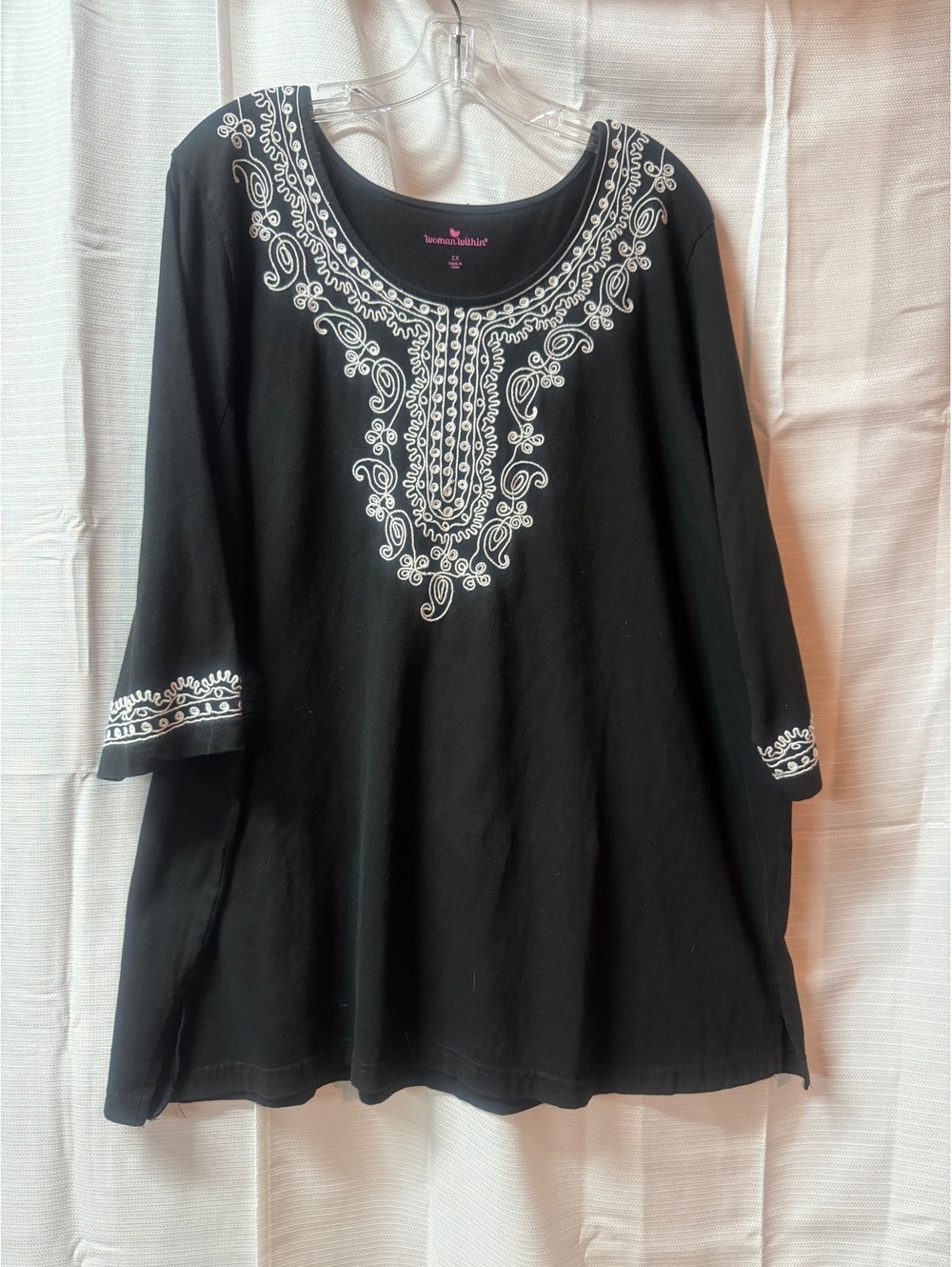 Woman Within Black Cotton Embroidered Tunic Top 2X
